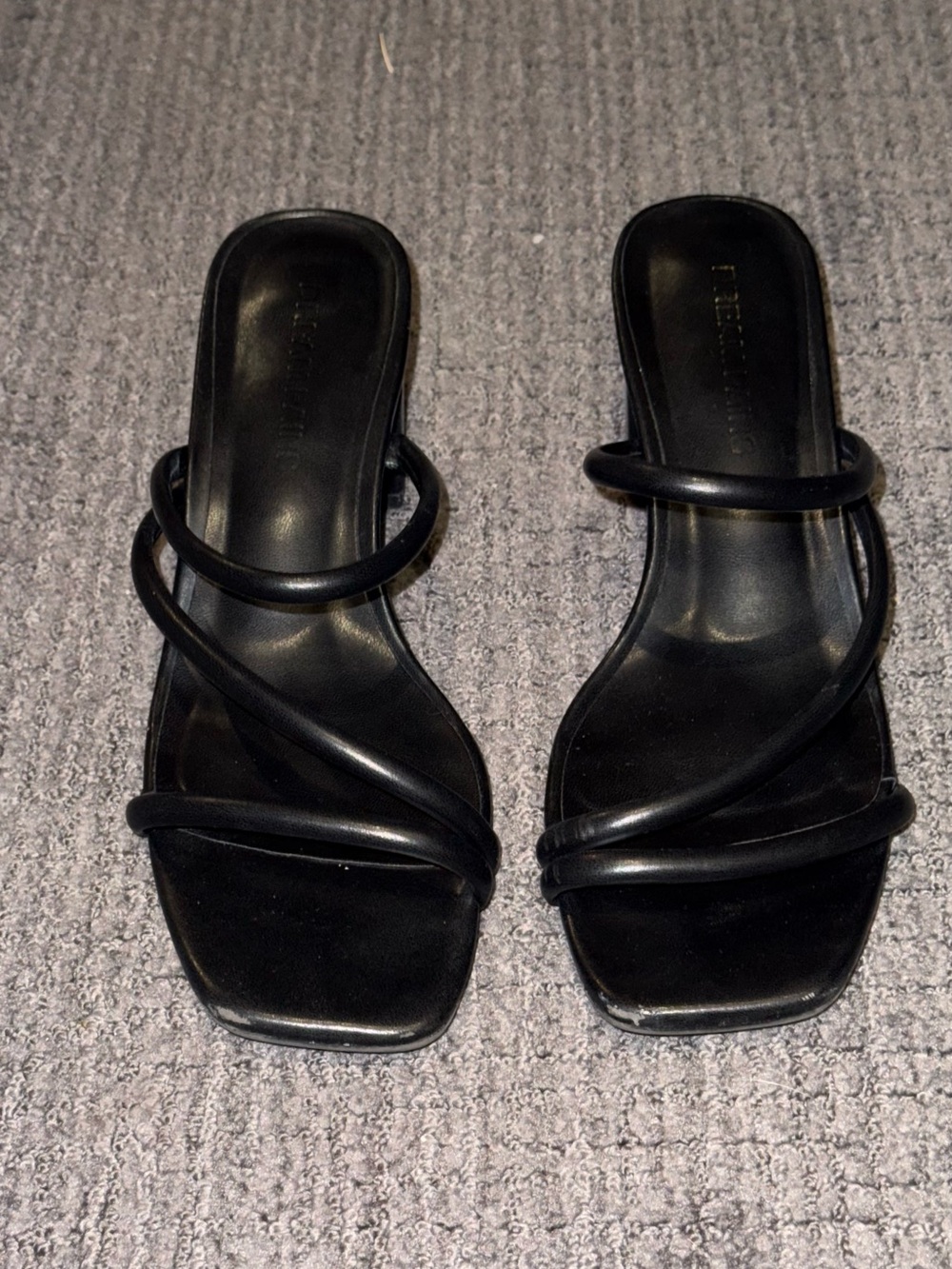 Black Strappy Block Heel Slide Sandals | Minimalist Square Toe Mules | Size 7